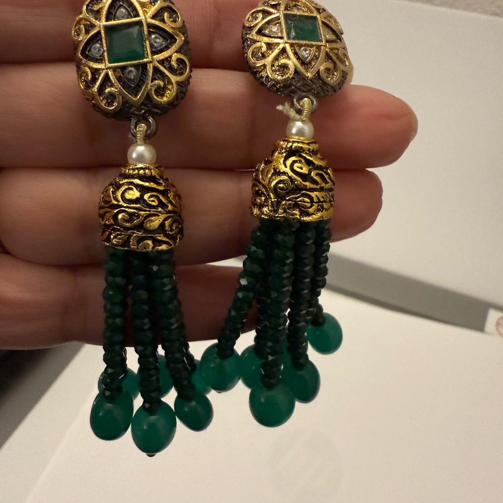Green & gold dangler earrings